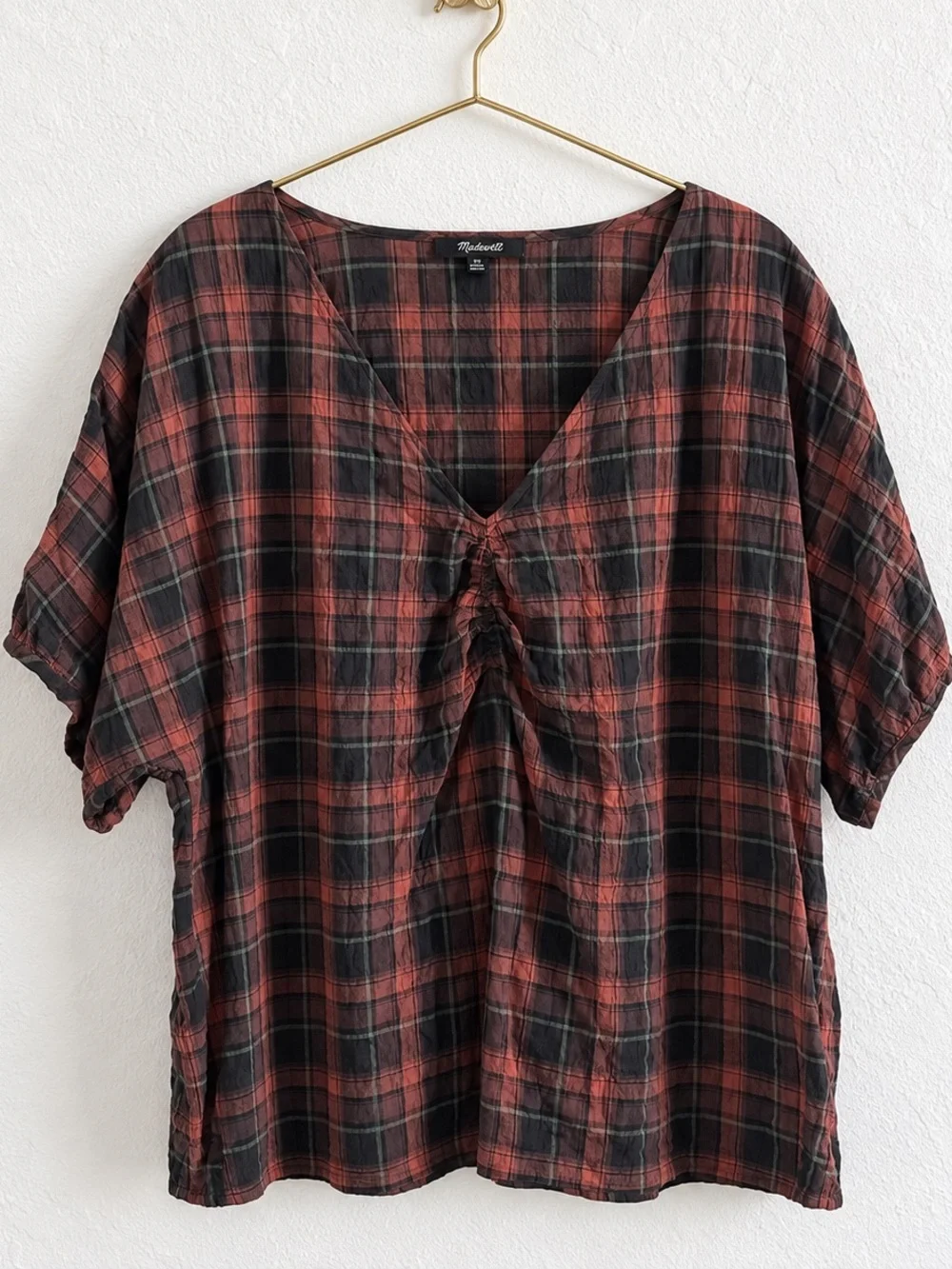 MADEWELL GATHERED V-NECK FALL CAMPFIRE PLAID TOP SZ XXL